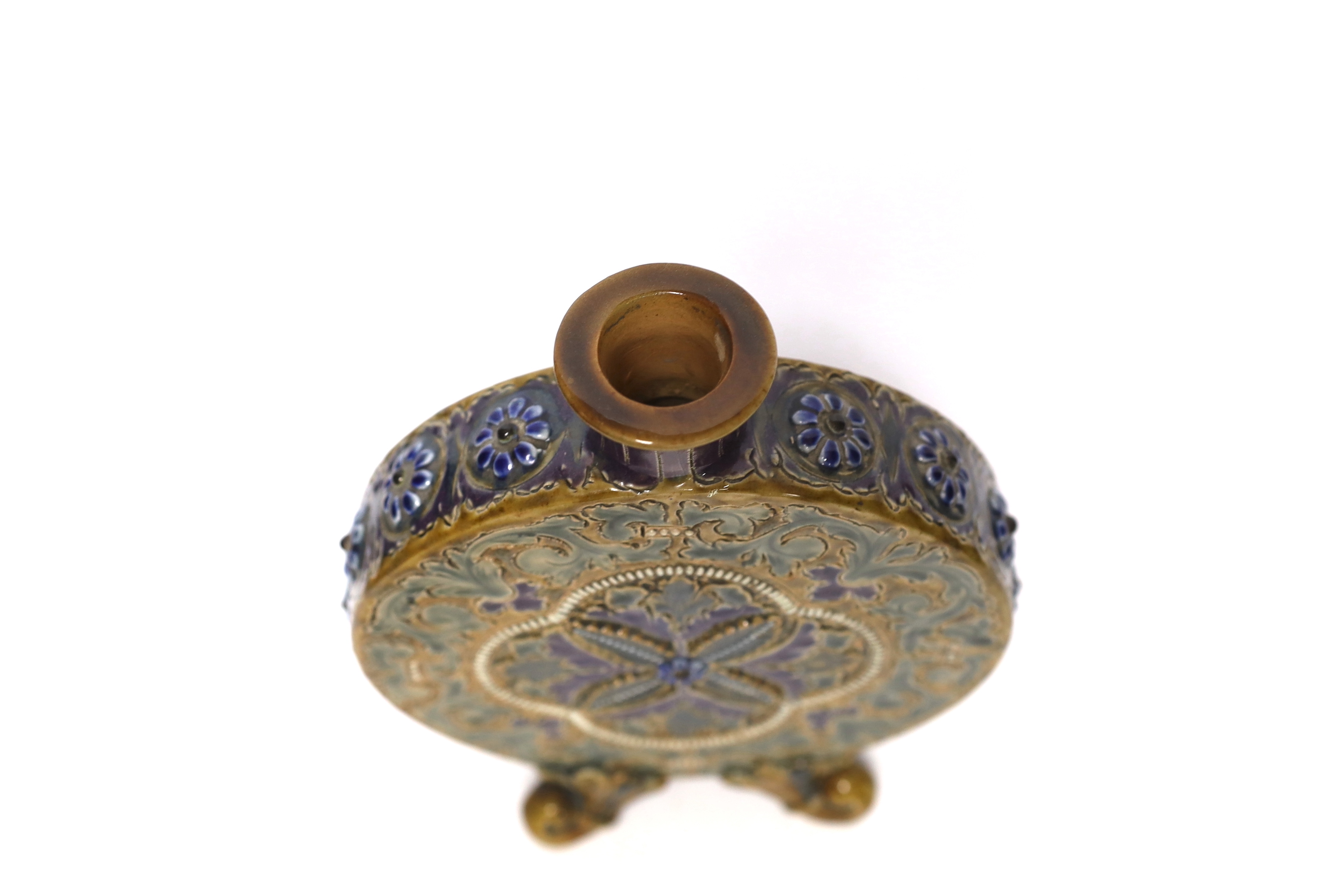 Eliza Simmance for Doulton Lambeth, an unusual moonflask, probably dated 1879, incised with a flowerhead and scrolling leaves with applied 'jewelling', on four scroll feet, impressed mark and incised marks '217' 'ES' and